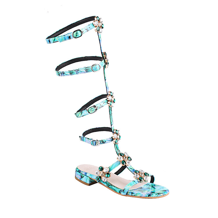 Embroidered T-Strap Flat Sandals with Buckle and Ankle Strap - Image 5
