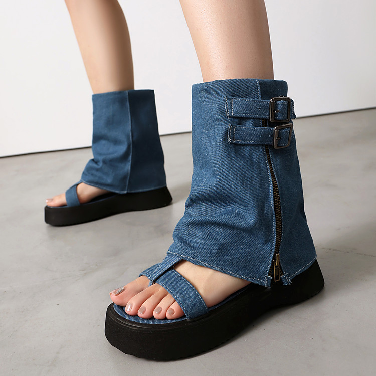 Roman Sandals Denim Platform Slip-On Open Toe