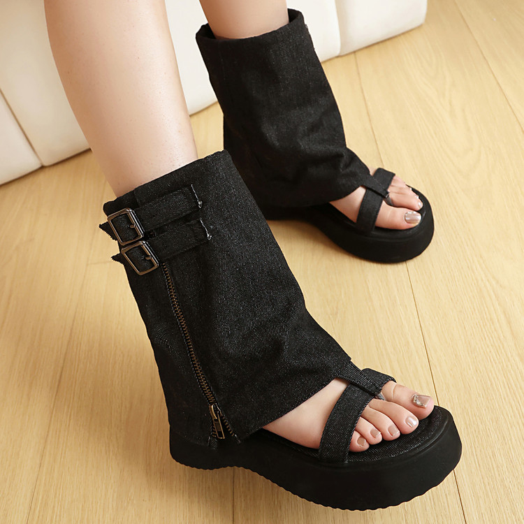 Roman Sandals Denim Platform Slip-On Open Toe - Image 3