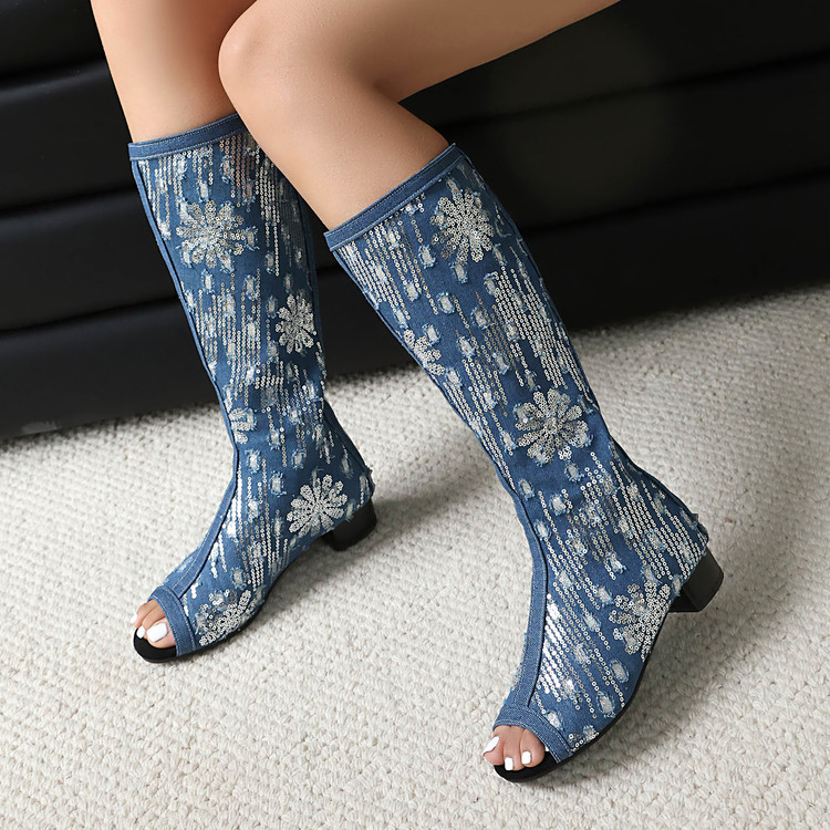 Roman Sandals with Sequin Upper Low Chunky Heel Zip Closure - Image 4