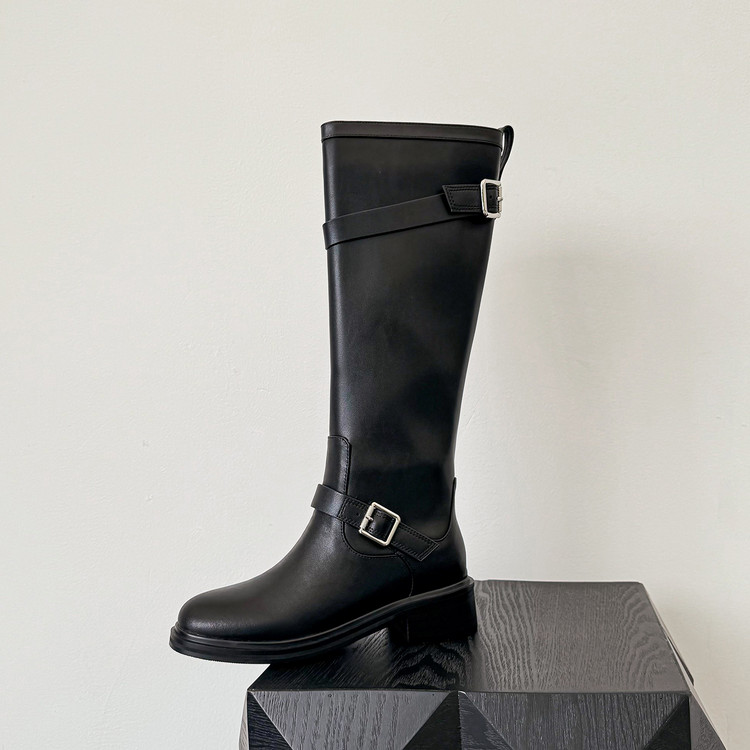 Western Boots for Women and Men Black Leather Mid Heel High Shaft Slip On