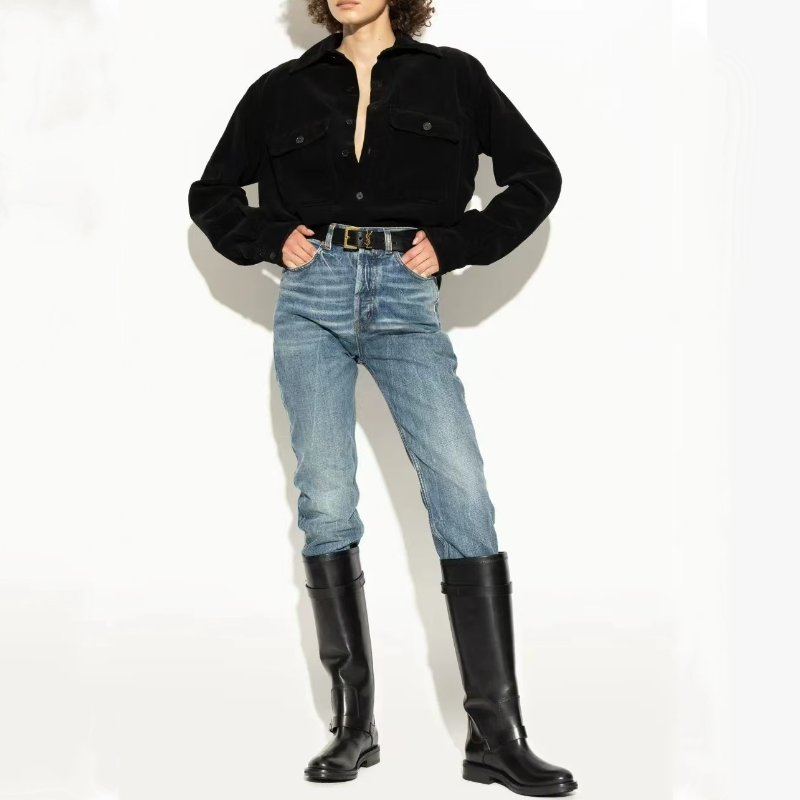 Western Boots for Women and Men Black Leather Mid Heel High Shaft Slip On - Image 3