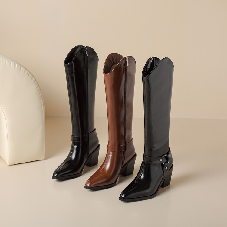 Western Boots for Women and Men Pointed Toe Chunky Heel Side Zip
