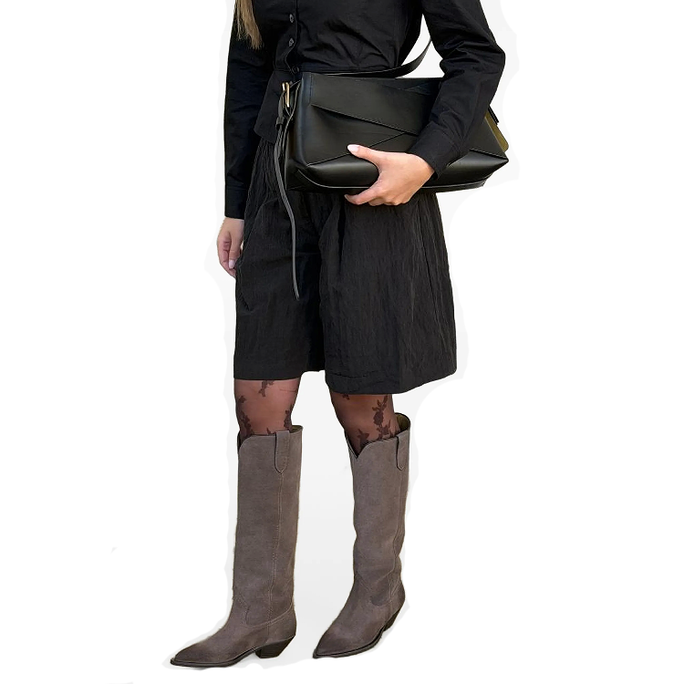 Western Boots in Suede with Mid Chunky Heel and Buckle Detail