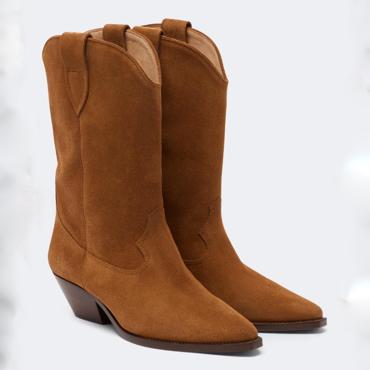 Western Boots Suede Rubber Sole Mid Heel Chunky Heel Pointed Toe Slip-On