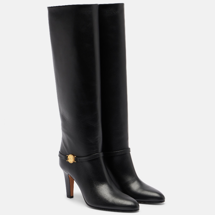 Women's High Heel Pointed Toe Tall Fashion Boots with Buckle and Metal Details