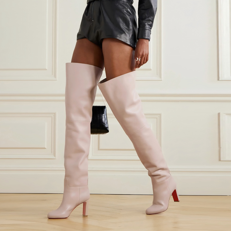 Women's Over-the-Knee High Heel Fashion Boots with Round Toe and Patchwork Design