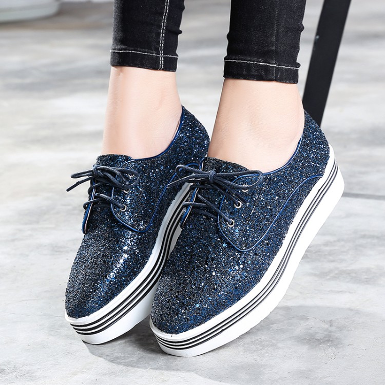 Women's Platform Lace-Up Flat Shoes - Mixed Material, Square Toe, Light Blue and Dark Blue