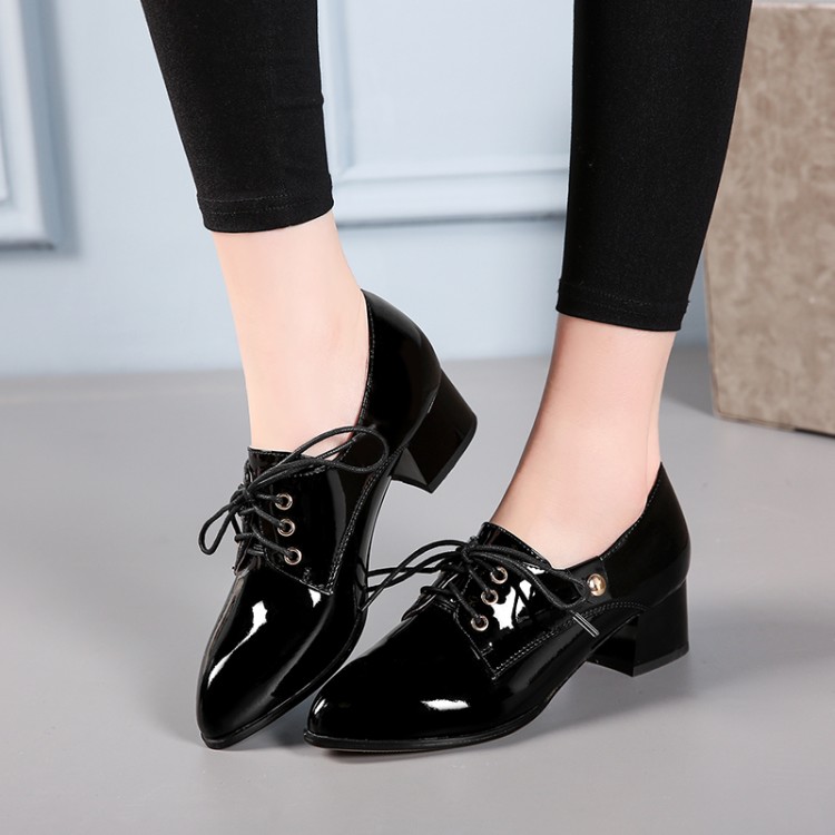 Women's Pointed Toe Lace-Up Mid Chunky Heel Shoes - Image 3