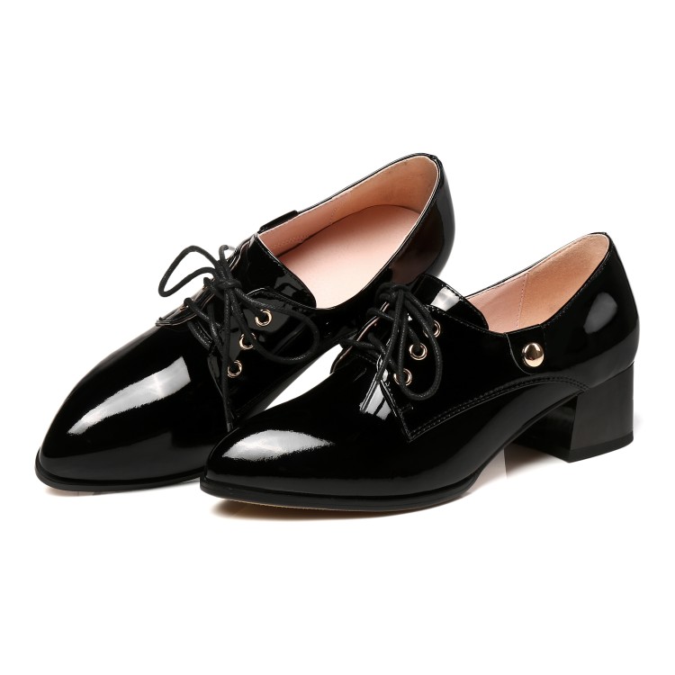 Women's Pointed Toe Lace-Up Mid Chunky Heel Shoes - Image 4